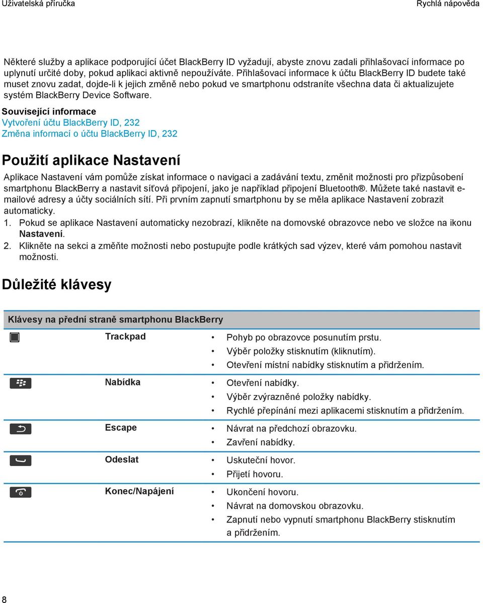 Vytvoření účtu BlackBerry ID, 232 Změna informací o účtu BlackBerry ID, 232 Použití aplikace Nastavení Aplikace Nastavení vám pomůže získat informace o navigaci a zadávání textu, změnit možnosti pro