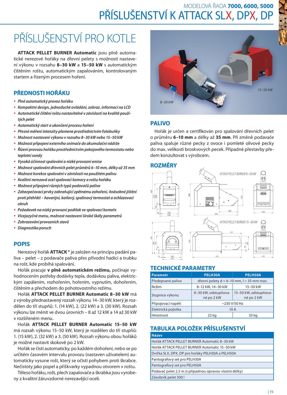 PŘEDNOSTI HOŘÁKU y Plně automatický provoz hořáku y Kompaktní design, jednoduché ovládání, zobraz.