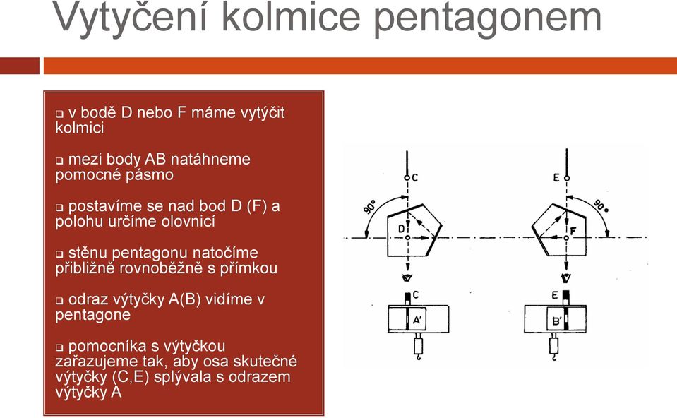 pentagonu natočíme přibližně rovnoběžně s přímkou odraz výtyčky A(B) vidíme v