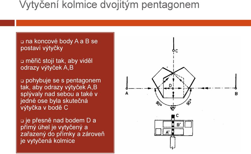 výtyček A,B splývaly nad sebou a také v jedné ose byla skutečná výtyčka v bodě C je