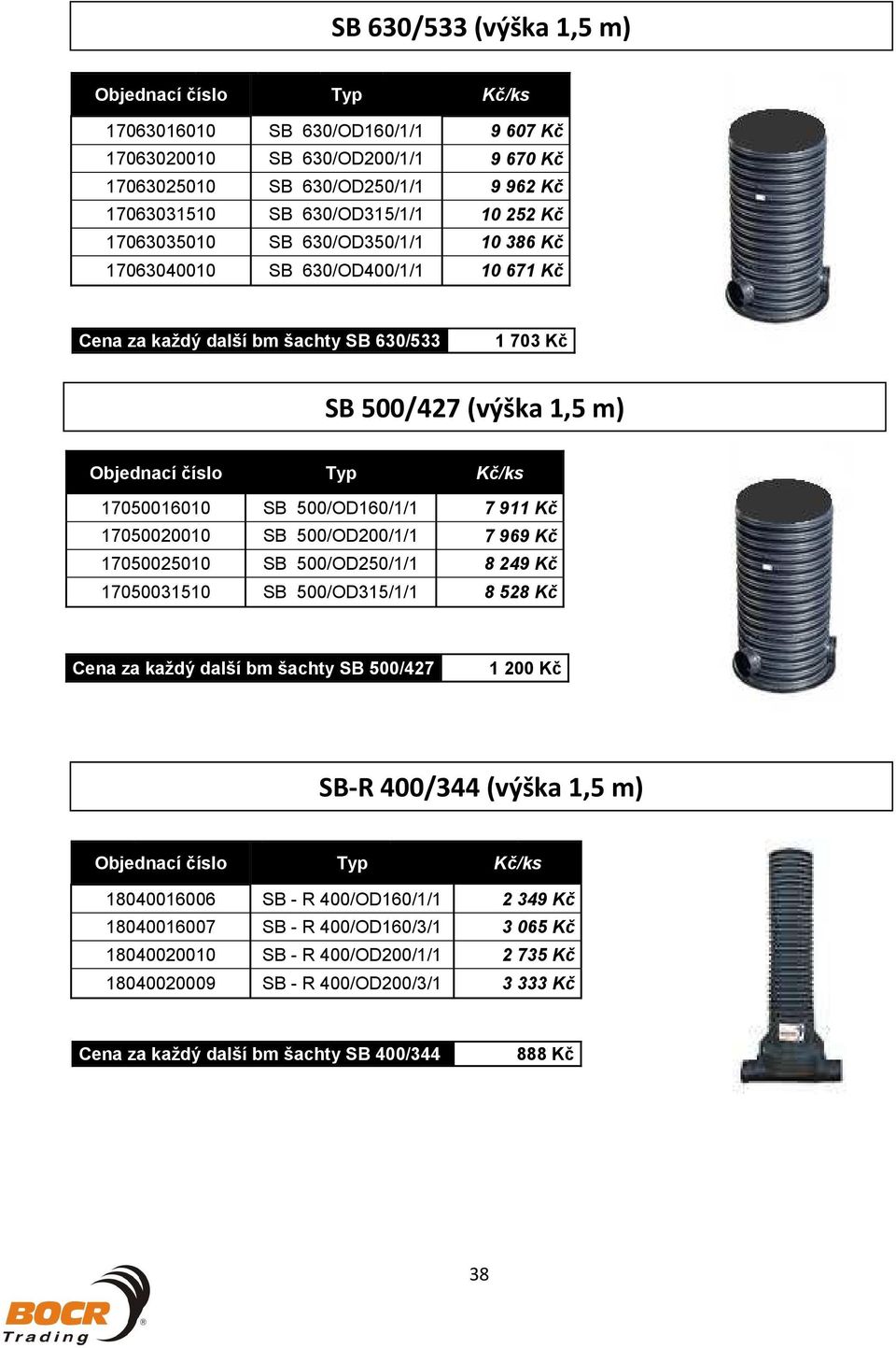 7 911 K 17050020010 SB 500/OD200/1/1 7 969 K 17050025010 SB 500/OD250/1/1 8 249 K 17050031510 SB 500/OD315/1/1 8 528 K Cena za každý další bm šachty SB 500/427 1 200 K Objednací íslo Typ K/ks