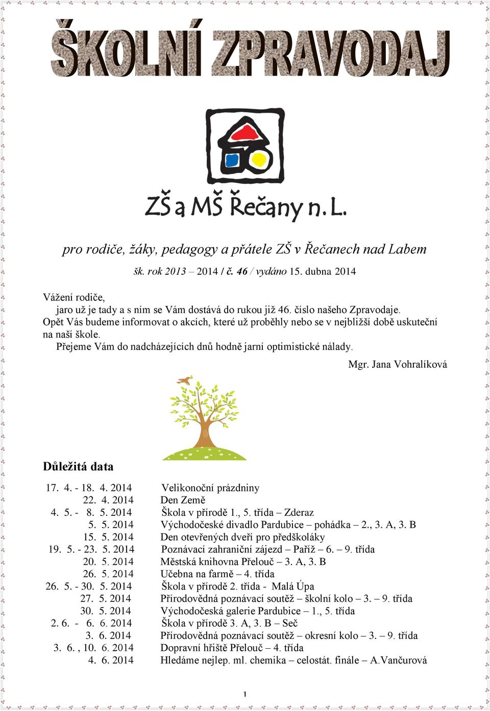 Mgr. Jana Vohralíková Důležitá data 17. 4. - 18. 4. 2014 Velikonoční prázdniny 22. 4. 2014 Den Země 4. 5. - 8. 5. 2014 Škola v přírodě 1., 5. třída Zderaz 5. 5. 2014 Východočeské divadlo Pardubice pohádka 2.