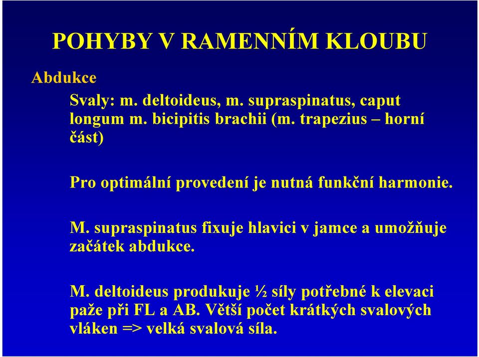 M. supraspinatus fixuje hlavici v jamce a umožňuje začátek abdukce. M.