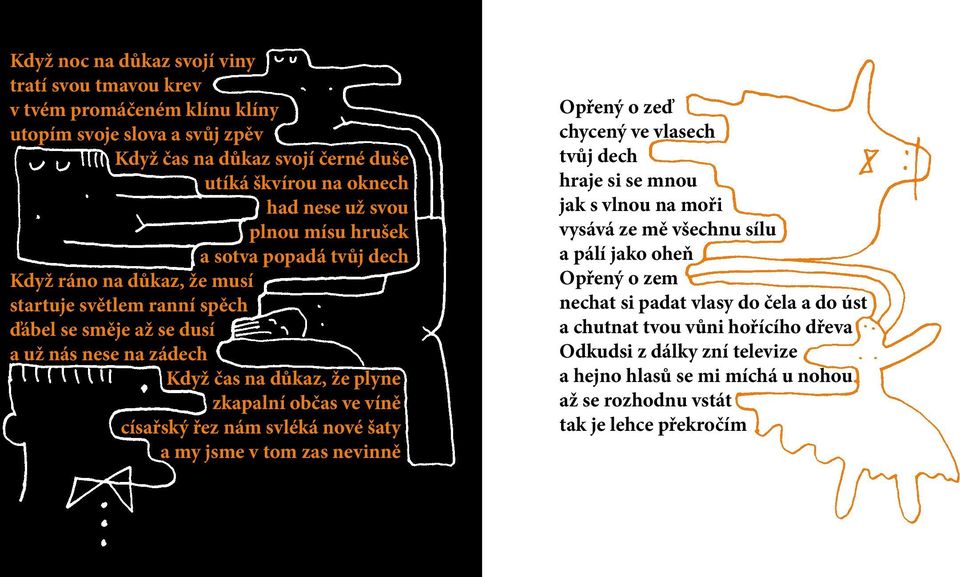 občas ve víně císařský řez nám svléká nové šaty a my jsme v tom zas nevinně Opřený o zeď chycený ve vlasech tvůj dech hraje si se mnou jak s vlnou na moři vysává ze mě všechnu sílu a pálí