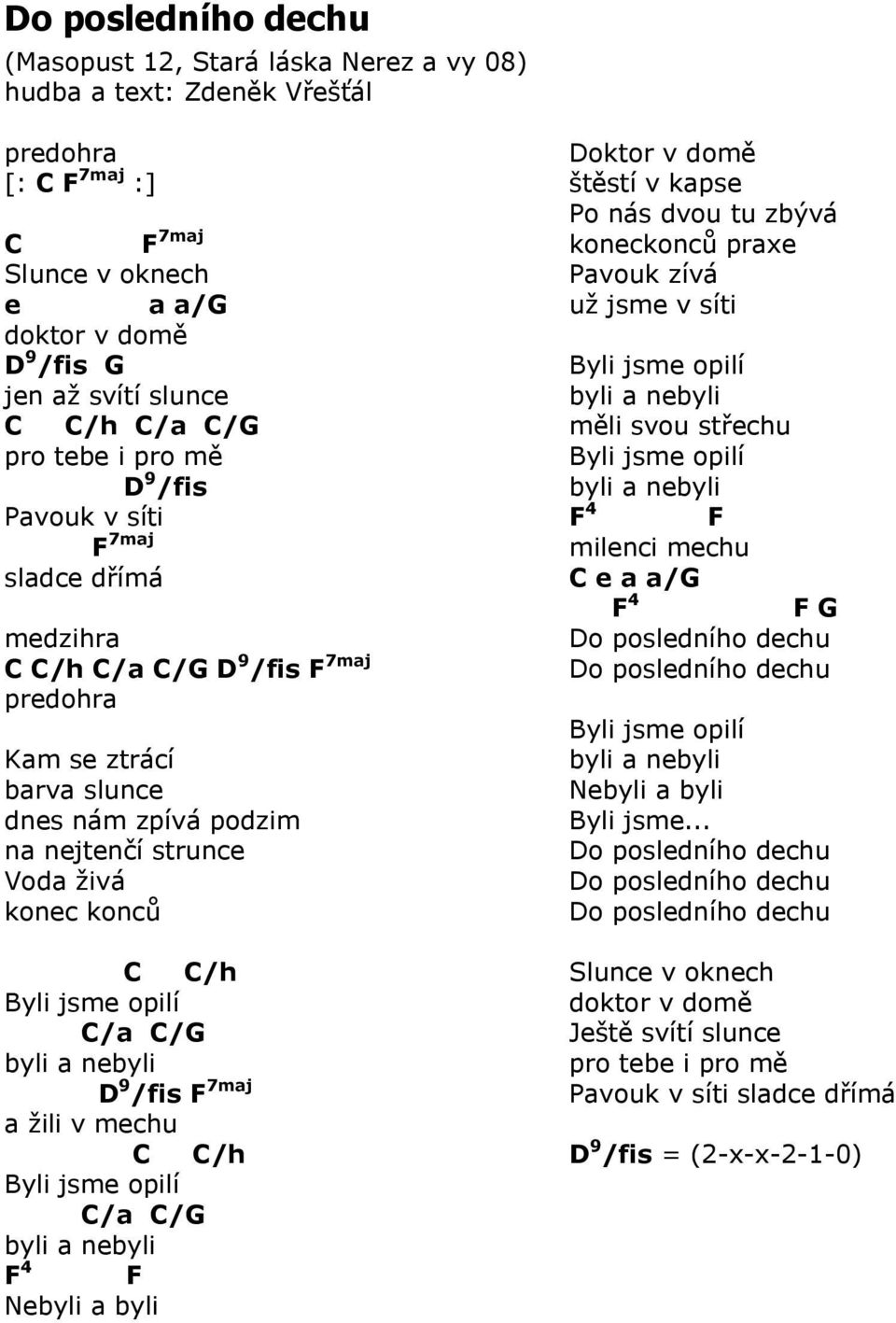 konec konců C C/h Byli jsme opilí C/a C/G byli a nebyli D 9 /fis F 7maj a ţili v mechu C C/h Byli jsme opilí C/a C/G byli a nebyli F 4 F Nebyli a byli Doktor v domě štěstí v kapse Po nás dvou tu