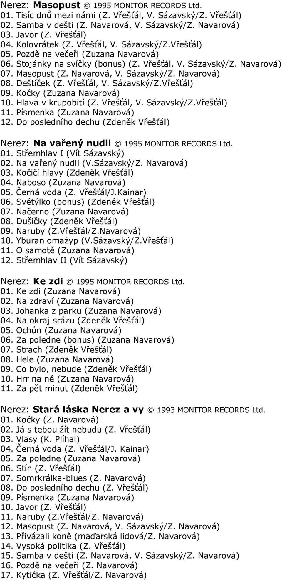 Deštíček (Z. Vřešťál, V. Sázavský/Z.Vřešťál) 09. Kočky (Zuzana Navarová) 10. Hlava v krupobití (Z. Vřešťál, V. Sázavský/Z.Vřešťál) 11. Písmenka (Zuzana Navarová) 12.