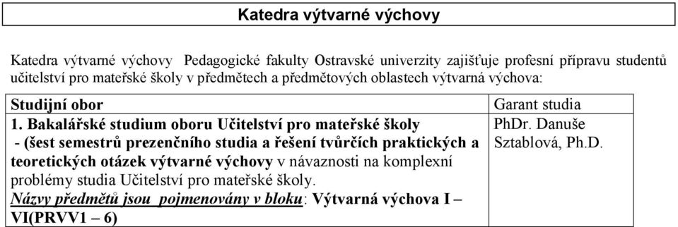 Bakalářské studium oboru Učitelství pro mateřské školy - (šest semestrů prezenčního studia a řešení tvůrčích praktických a teoretických otázek