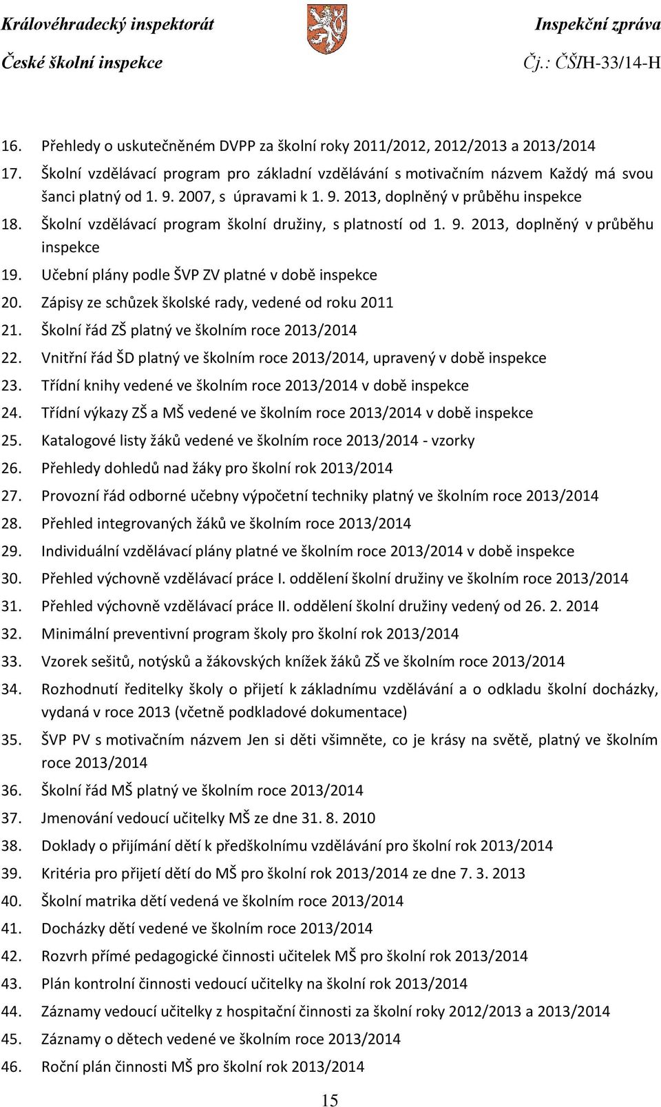 Učební plány podle ŠVP ZV platné v době inspekce 20. Zápisy ze schůzek školské rady, vedené od roku 2011 21. Školní řád ZŠ platný ve školním roce 2013/2014 22.