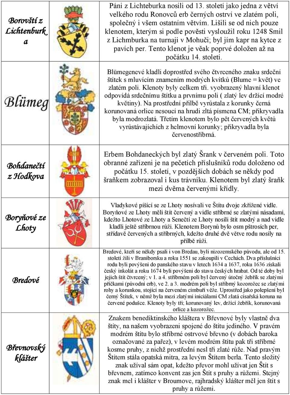 Tento klenot je věak poprvé doloţen aţ na počátku 14. století. Blümegenevé kladli doprostřed svého čtvrceného znaku srdeční štítek s mluvícím znamením modrých kvítků (Blume = květ) ve zlatém poli.