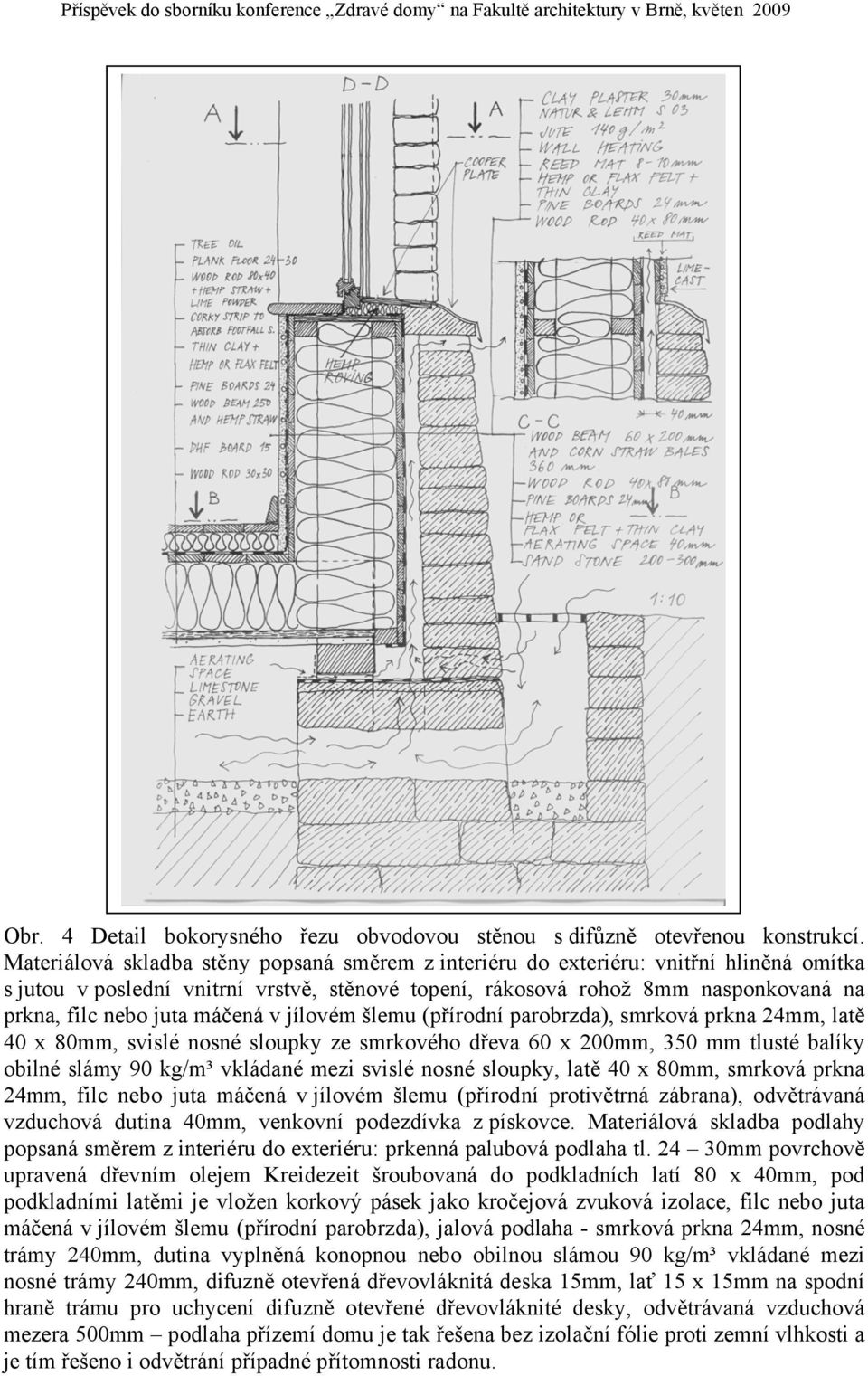 máčená v jílovém šlemu (přírodní parobrzda), smrková prkna 24mm, latě 40 x 80mm, svislé nosné sloupky ze smrkového dřeva 60 x 200mm, 350 mm tlusté balíky obilné slámy 90 kg/m³ vkládané mezi svislé