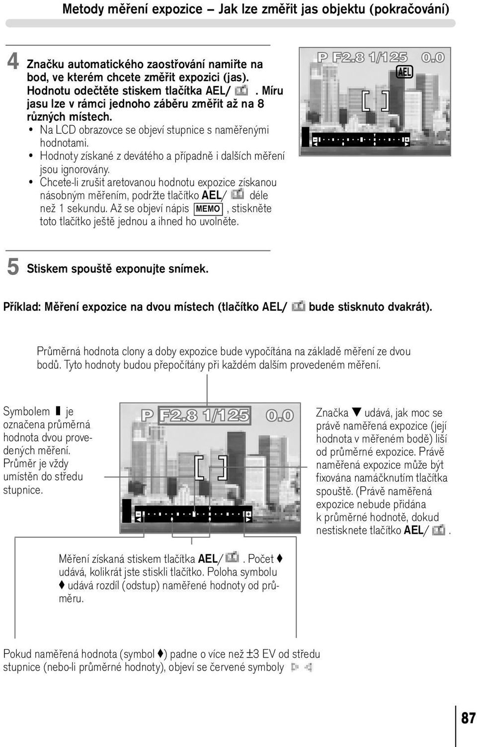 Chcete-li zrušit aretovanou hodnotu expozice získanou násobným měřením, podržte tlačítko AEL/ déle než 1 sekundu. Až se objeví nápis MEMO, stiskněte toto tlačítko ještě jednou a ihned ho uvolněte.