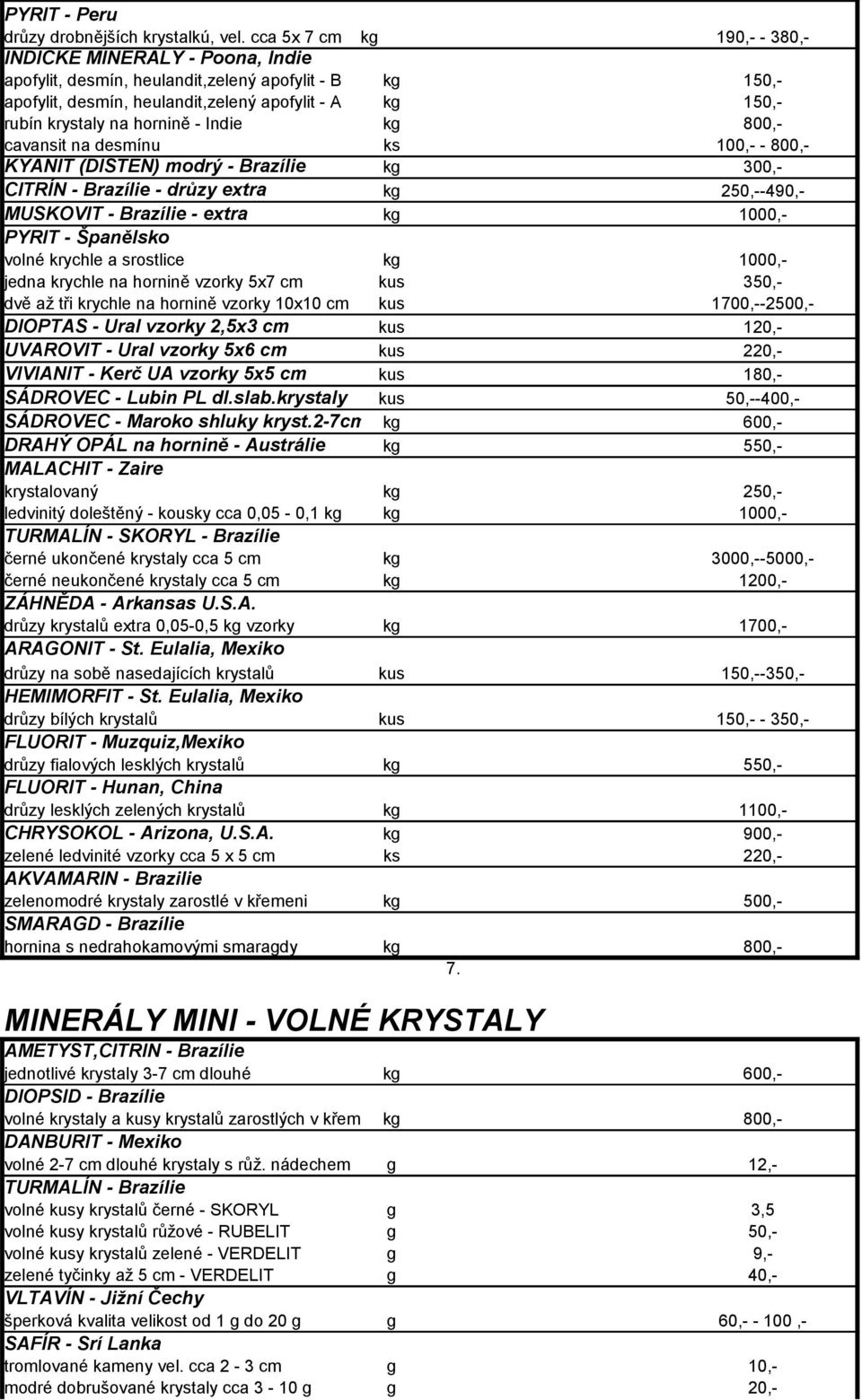 hornině - Indie kg 800,- cavansit na desmínu ks 100,- - 800,- KYANIT (DISTEN) modrý - Brazílie kg 300,- CITRÍN - Brazílie - drůzy extra kg 250,--490,- MUSKOVIT - Brazílie - extra kg 1000,- PYRIT -