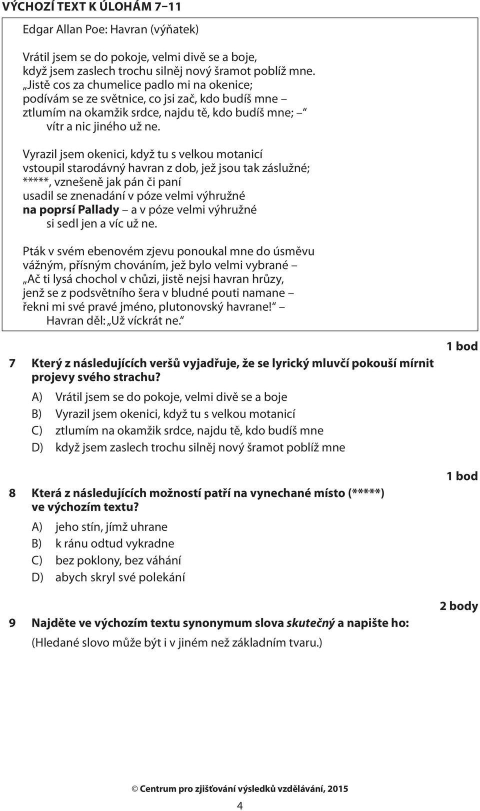 Vyrazil jsem okenici, když tu s velkou motanicí vstoupil starodávný havran z dob, jež jsou tak záslužné; *****, vznešeně jak pán či paní usadil se znenadání v póze velmi výhružné na poprsí Pallady a