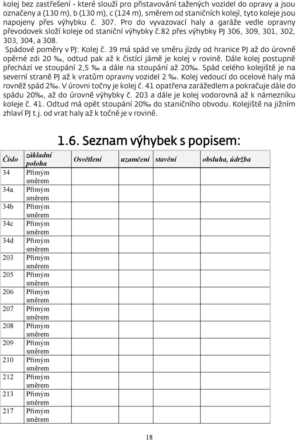 39 má spád ve směru jízdy od hranice PJ až do úrovně opěrné zdi 20, odtud pak až k čistící jámě je kolej v rovině. Dále kolej postupně přechází ve stoupání 2,5 a dále na stoupání až 20.