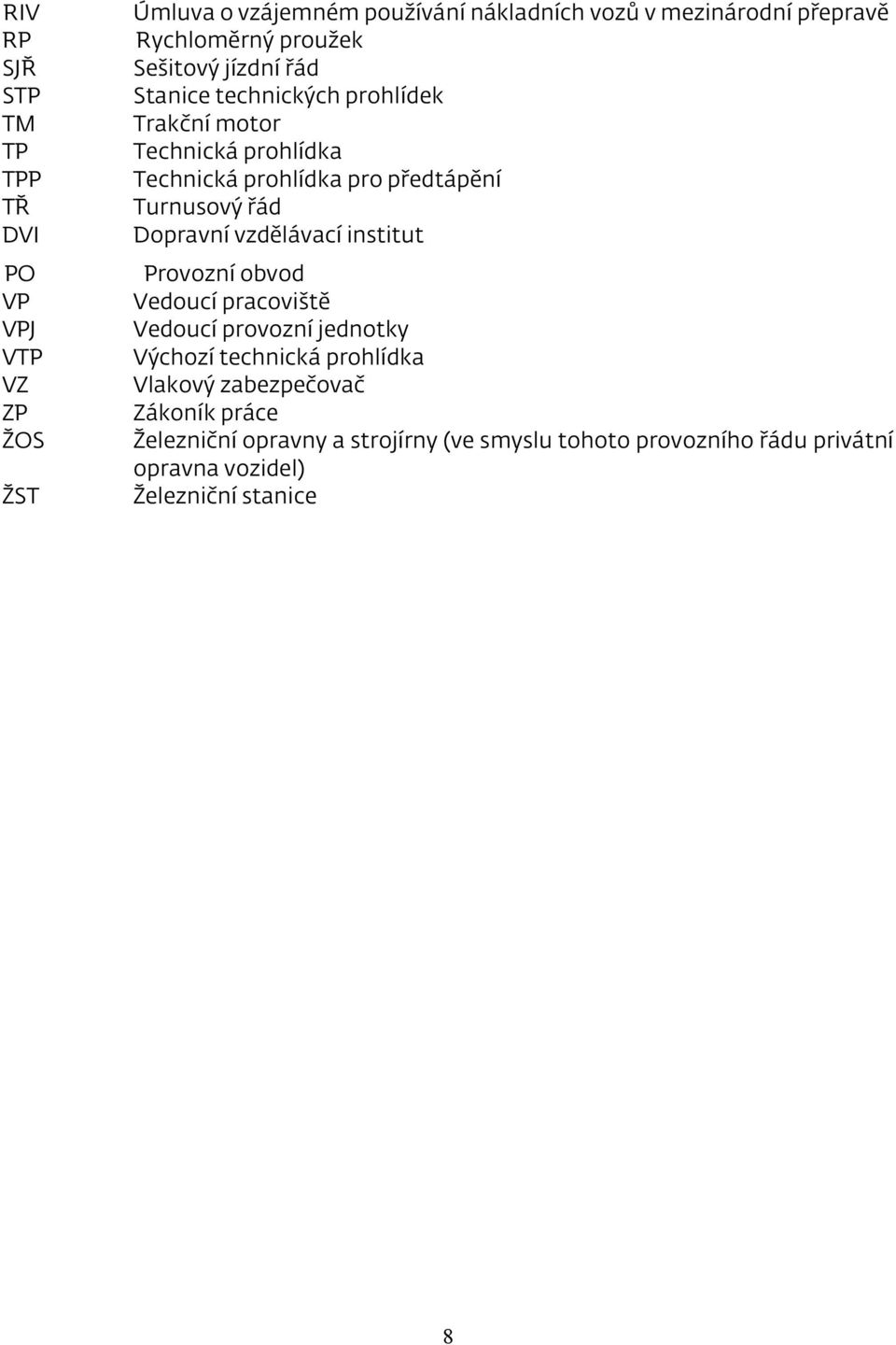 vzdělávací institut PO VP VPJ VTP VZ ZP ŽOS Provozní obvod Vedoucí pracoviště Vedoucí provozní jednotky Výchozí technická prohlídka