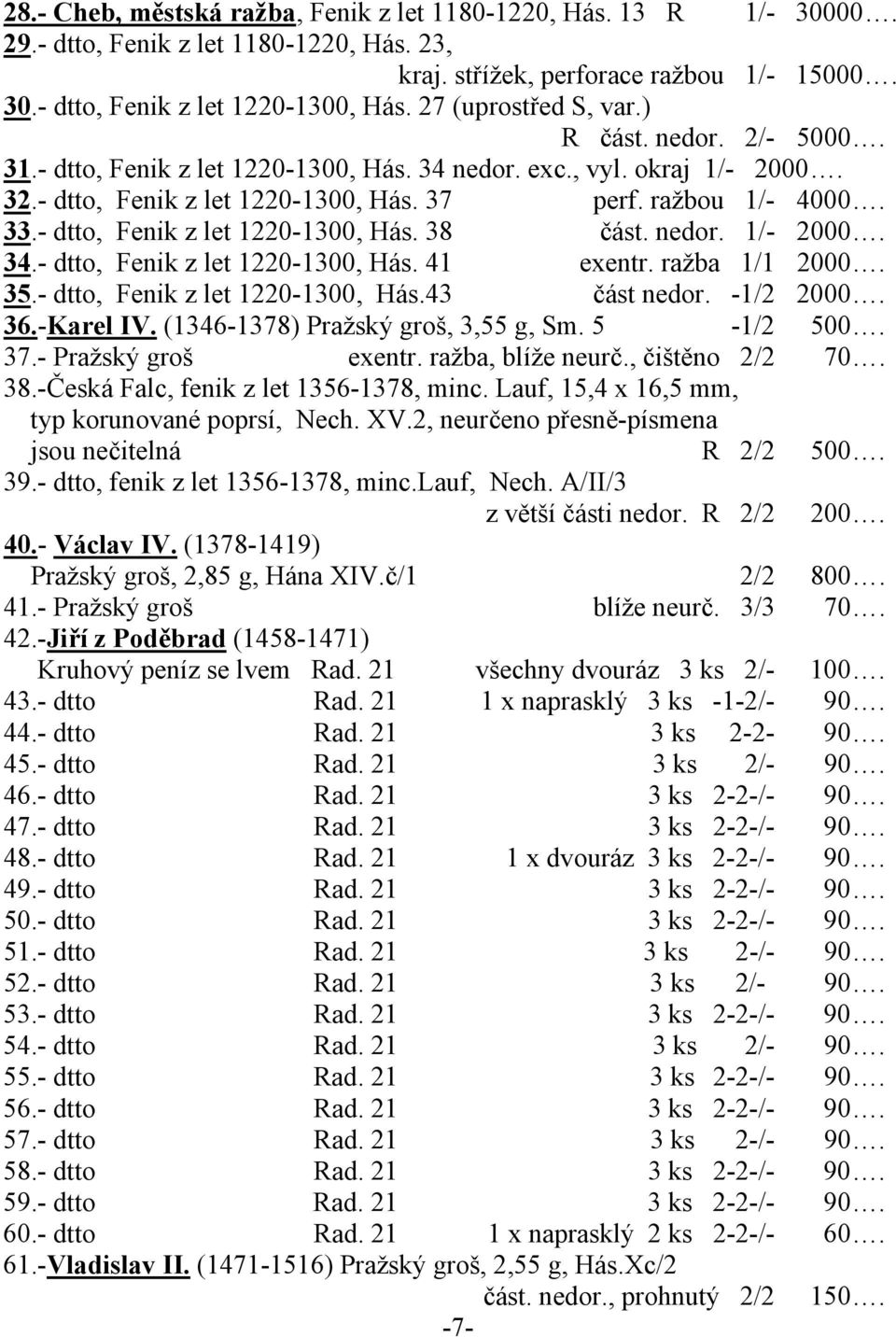 - dtto, Fenik z let 1220-1300, Hás. 38 část. nedor. 1/- 2000. 34.- dtto, Fenik z let 1220-1300, Hás. 41 exentr. ražba 1/1 2000. 35.- dtto, Fenik z let 1220-1300, Hás.43 část nedor. -1/2 2000. 36.