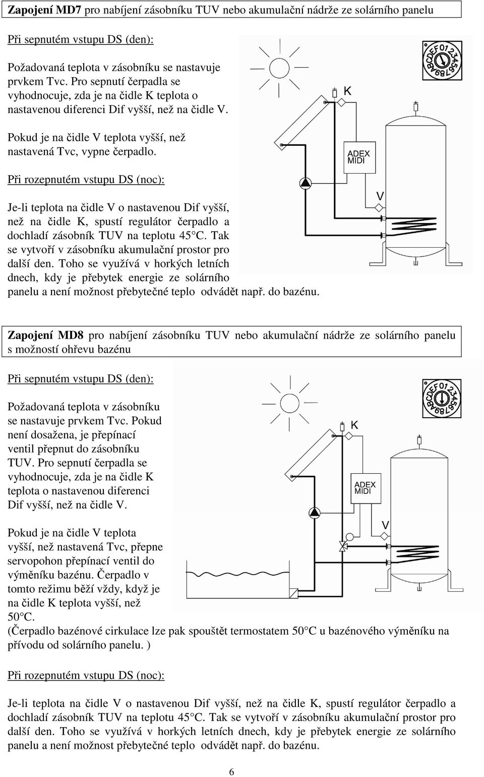 Při rozepnutém vstupu DS (noc): Je-li teplota na čidle V o nastavenou Dif vyšší, než na čidle K, spustí regulátor čerpadlo a dochladí zásobník TUV na teplotu 45 C.