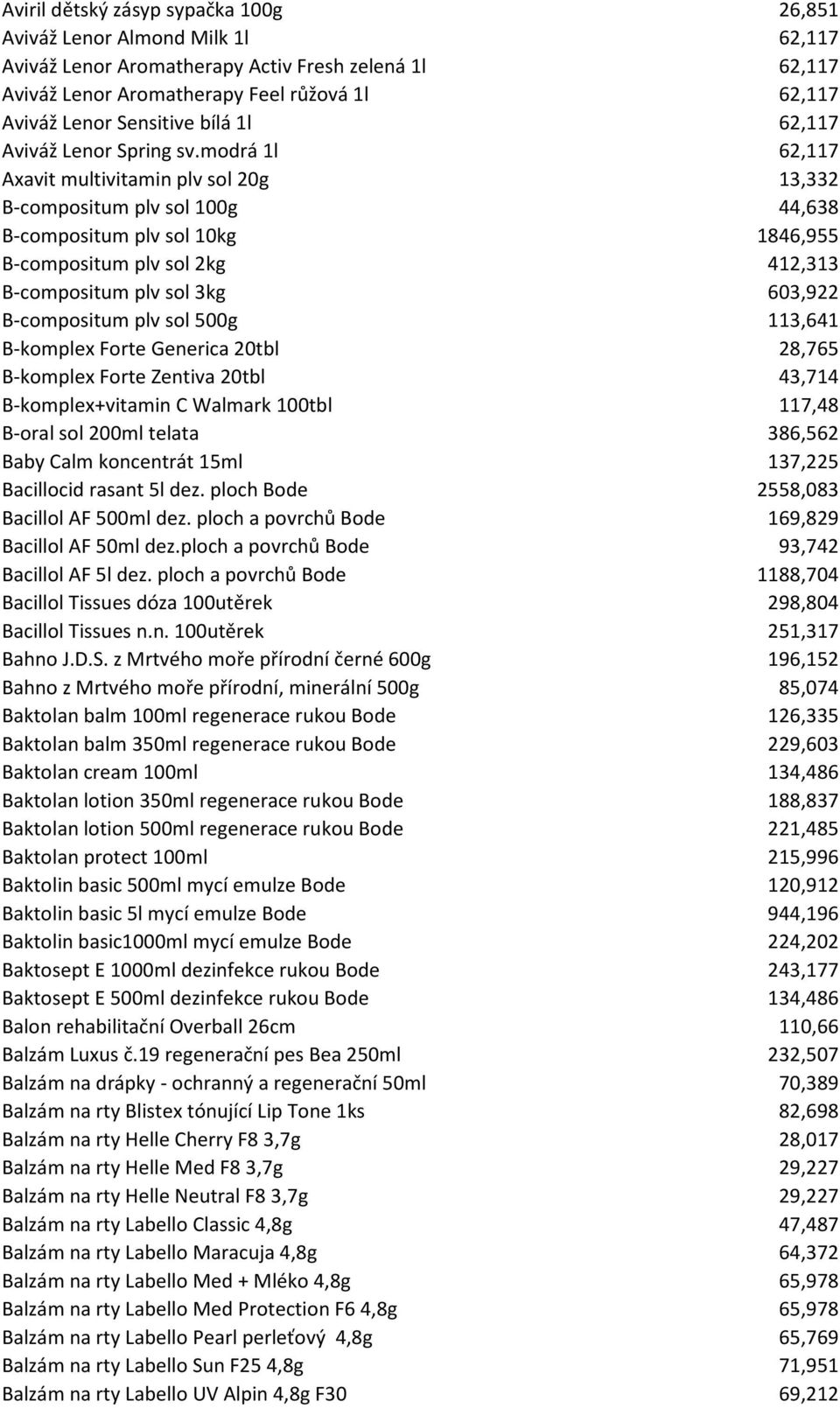 modrá 1l 62,117 Axavit multivitamin plv sol 20g 13,332 B-compositum plv sol 100g 44,638 B-compositum plv sol 10kg 1846,955 B-compositum plv sol 2kg 412,313 B-compositum plv sol 3kg 603,922