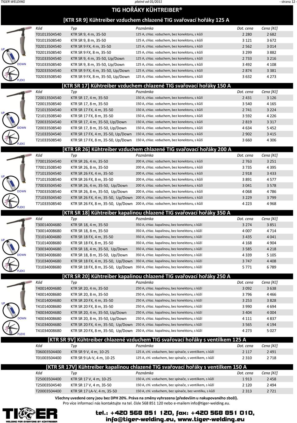 vzduchem, bez konektoru, s kůží 2 562 3 014 T02013508540 KTR SR 9 FX, 8 m, 35-50 125 A, chlaz. vzduchem, bez konektoru, s kůží 3 299 3 882 T01033504540 KTR SR 9, 4 m, 35-50, Up/Down 125 A, chlaz.