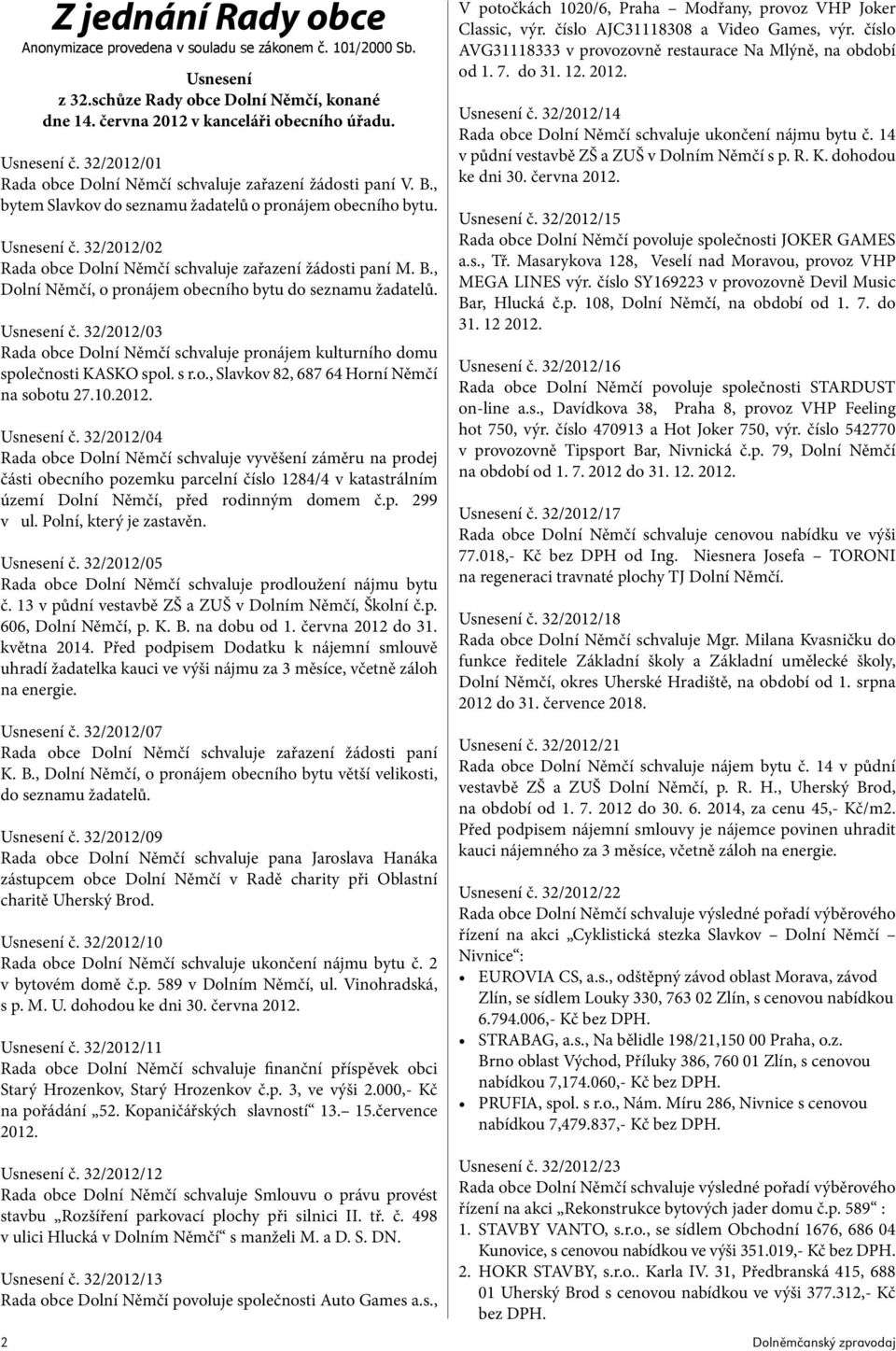 32/2012/02 Rada obce Dolní Němčí schvaluje zařazení žádosti paní M. B., Dolní Němčí, o pronájem obecního bytu do seznamu žadatelů. Usnesení č.