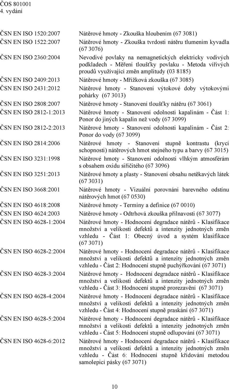 ČSN EN ISO 2431:2012 Nátěrové hmoty - Stanovení výtokové doby výtokovými pohárky (67 3013) ČSN EN ISO 2808:2007 Nátěrové hmoty - Stanovení tloušťky nátěru (67 3061) ČSN EN ISO 2812-1:2013 Nátěrové