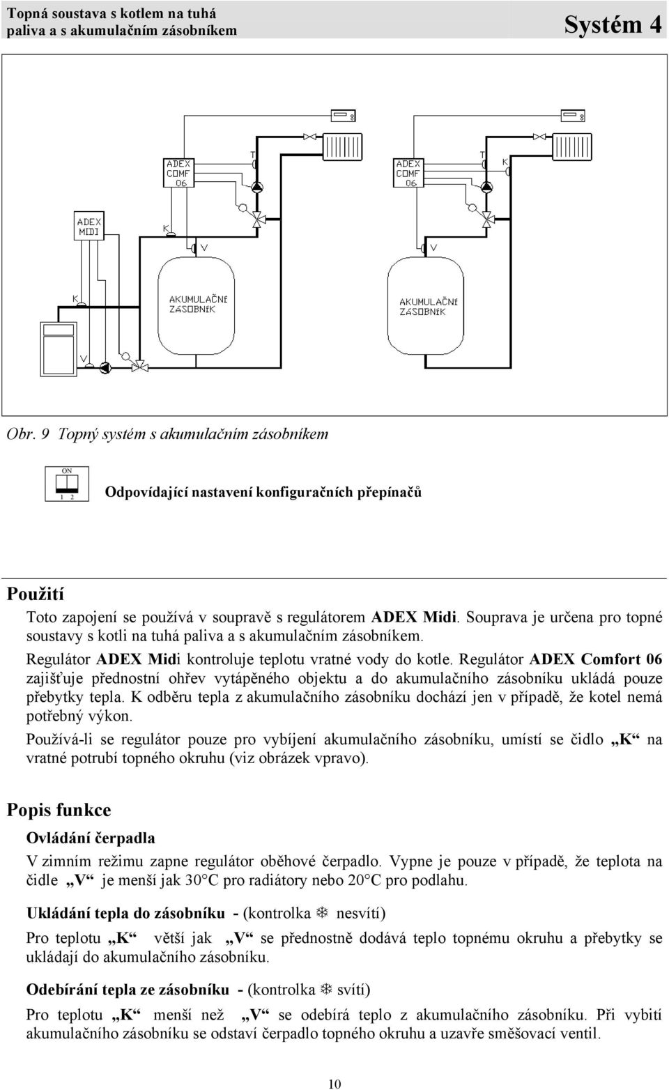 Souprava je určena pro topné soustavy s kotli na tuhá paliva a s akumulačním zásobníkem. Regulátor ADEX Midi kontroluje teplotu vratné vody do kotle.