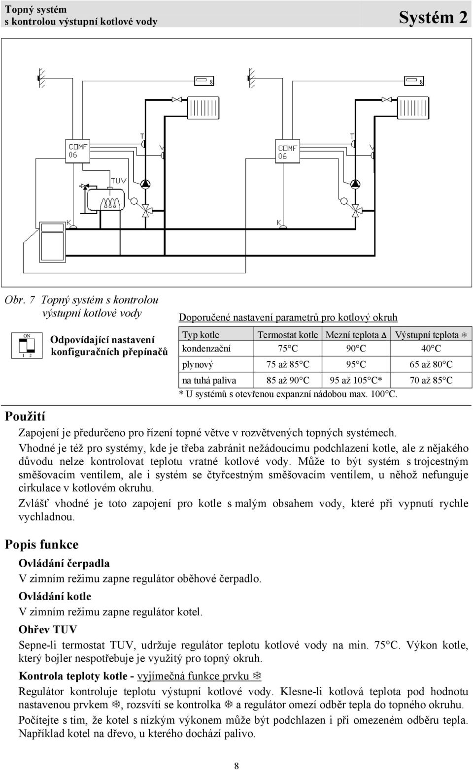 Výstupní teplota! kondenzační 75 C 90 C 40 C plynový 75 až 85 C 95 C 65 až 80 C na tuhá paliva 85 až 90 C 95 až 105 C* 70 až 85 C * U systémů s otevřenou expanzní nádobou max. 100 C.