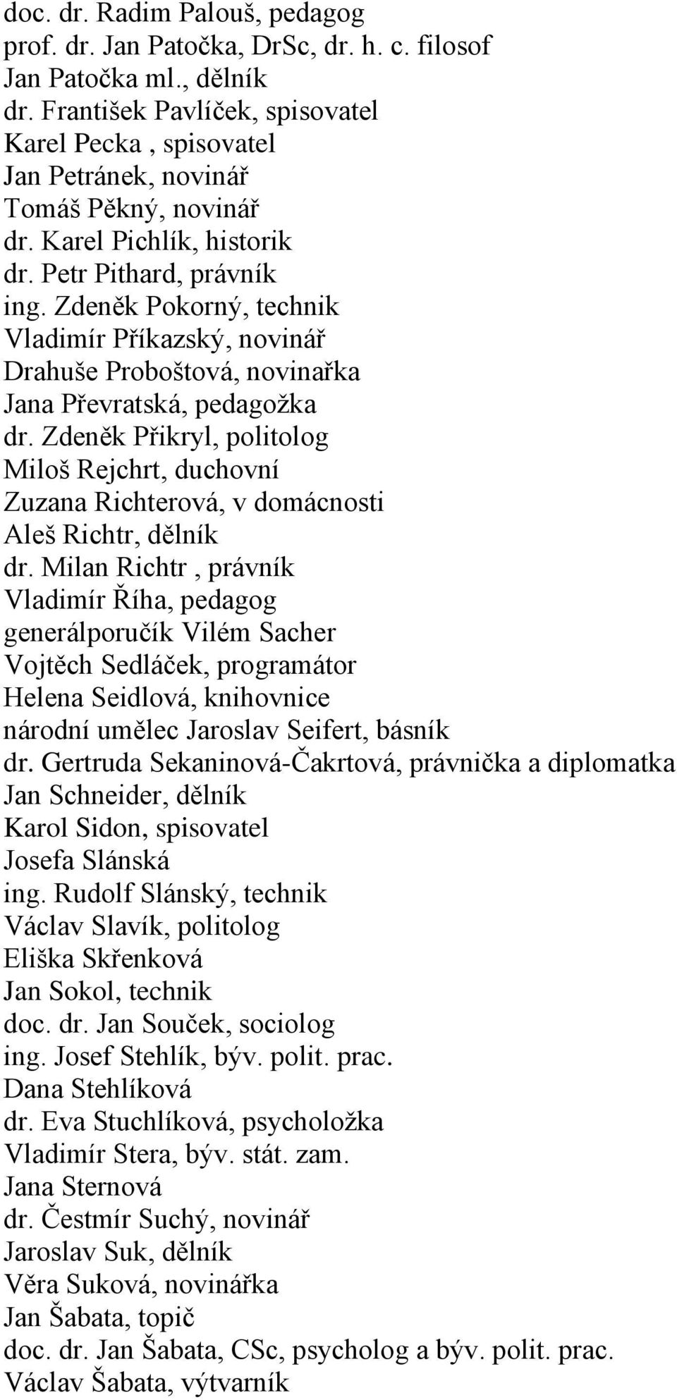 Zdeněk Pokorný, technik Vladimír Příkazský, novinář Drahuše Proboštová, novinařka Jana Převratská, pedagožka dr.