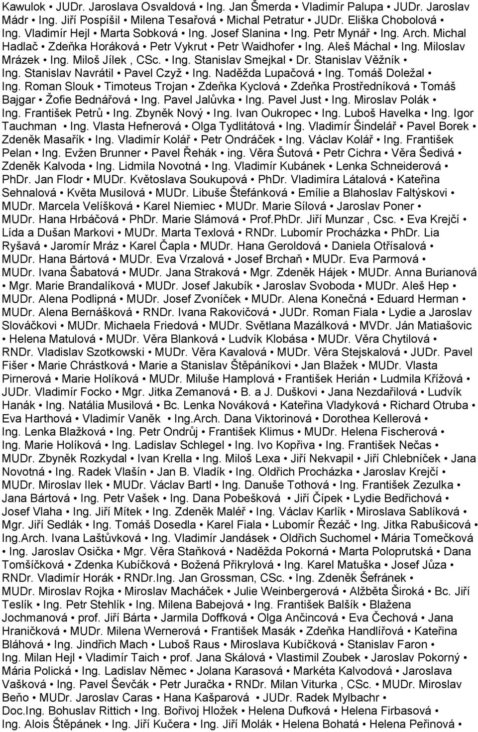 Stanislav Věţník Ing. Stanislav Navrátil Pavel Czyţ Ing. Naděţda Lupačová Ing. Tomáš Doleţal Ing. Roman Slouk Timoteus Trojan Zdeňka Kyclová Zdeňka Prostředníková Tomáš Bajgar Ţofie Bednářová Ing.