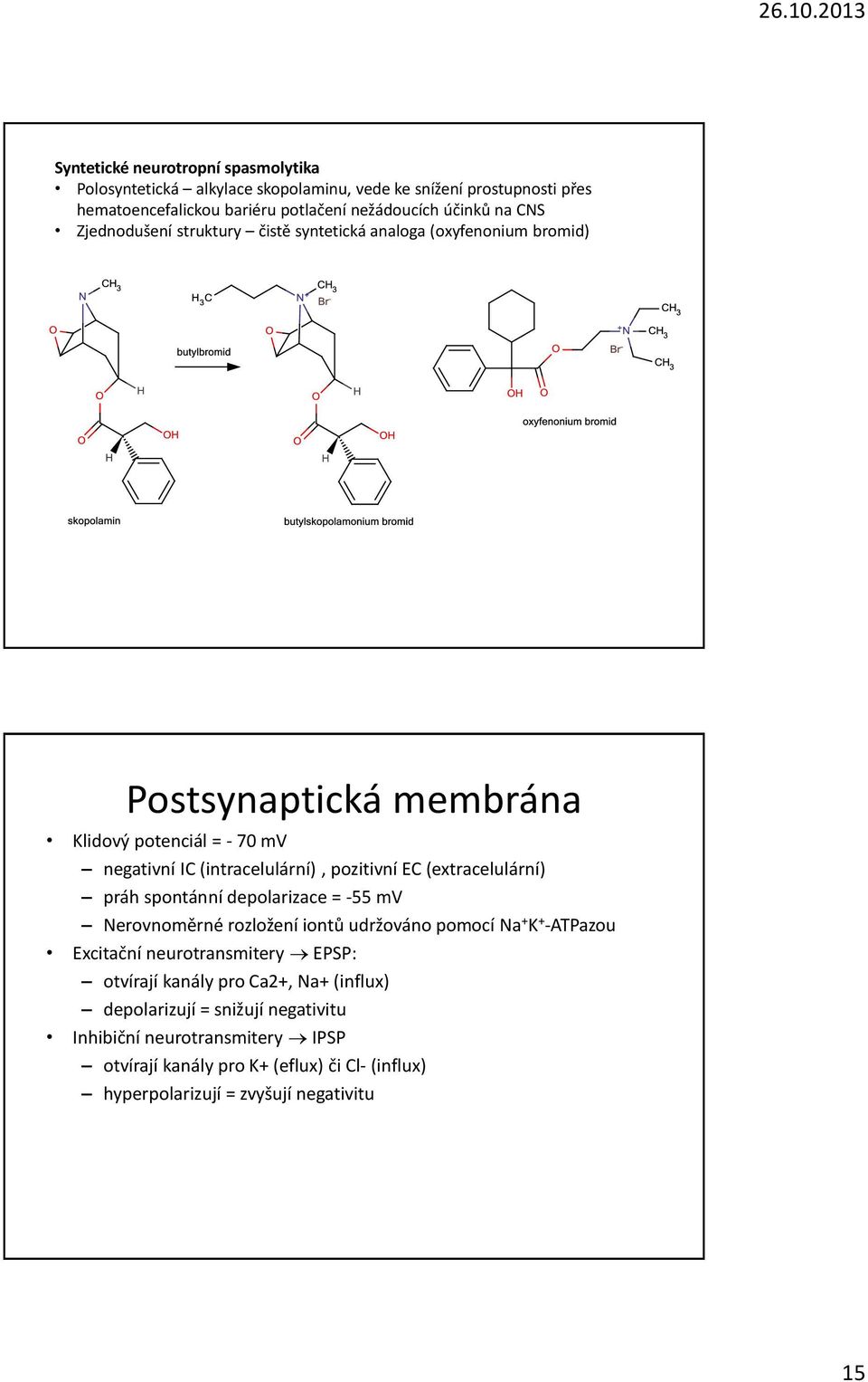 (extracelulární) práh spontánní depolarizace = -55 mv Nerovnoměrné rozložení iontů udržováno pomocí Na + K + -ATPazou Excitační neurotransmitery EPSP: otvírají kanály