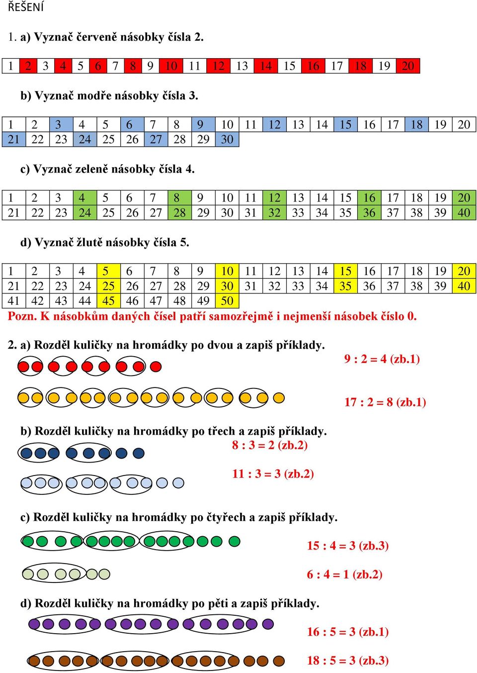 K násobkům daných čísel patří samozřejmě i nejmenší násobek číslo 0. 2. a) Rozděl kuličky na hromádky po dvou a zapiš příklady. 9 : 2 = 4 (zb.1) 17 : 2 = 8 (zb.