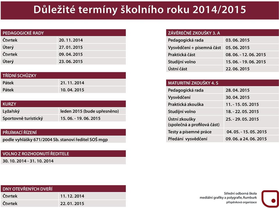 06. 2015 Studijní volno 15. 06. - 19. 06. 2015 Ústní část 22. 06. 2015 MATUITNÍ ZKOUŠKY 4. S Pedagogická rada 28. 04. 2015 Vysvědčení 30. 04. 2015 Praktická zkouška 11. - 15. 05.