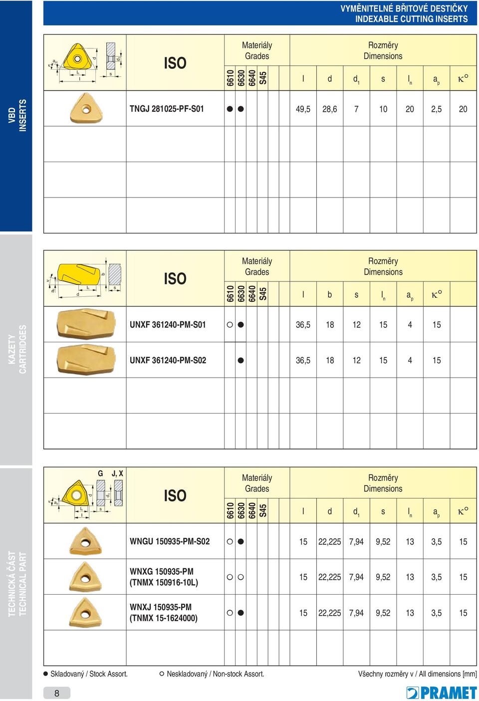 d G J, X d 1 ISO Materiály Grade 6610 6630 6640 S45 Rozměry Dimenion l d d 1 l n a p k WNGU 150935-PM-S02 15 22,225 7,94 9,52 13 3,5 15 WNXG 150935-PM (TNMX 150916-10L) WNXJ