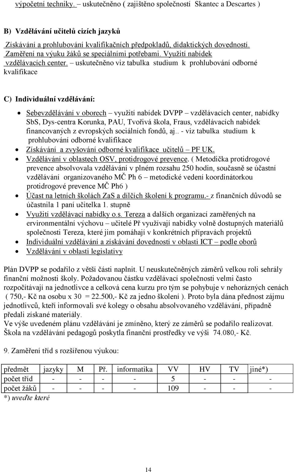 uskutečněno viz tabulka studium k prohlubování odborné kvalifikace C) Individuální vzdělávání: Sebevzdělávání v oborech vyuţití nabídek DVPP vzdělávacích center, nabídky SbS, Dys-centra Korunka, PAU,