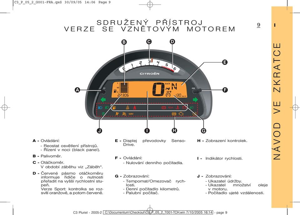 A B C D H J I G E-Displej pøevodovky Senso- Drive. F-Ovládání: - Nulování denního poèítadla. G-Zobrazování: - Tempomat/Omezovaè rychlosti. - Denní poèítadlo kilometrù. - Palubní poèítaè.