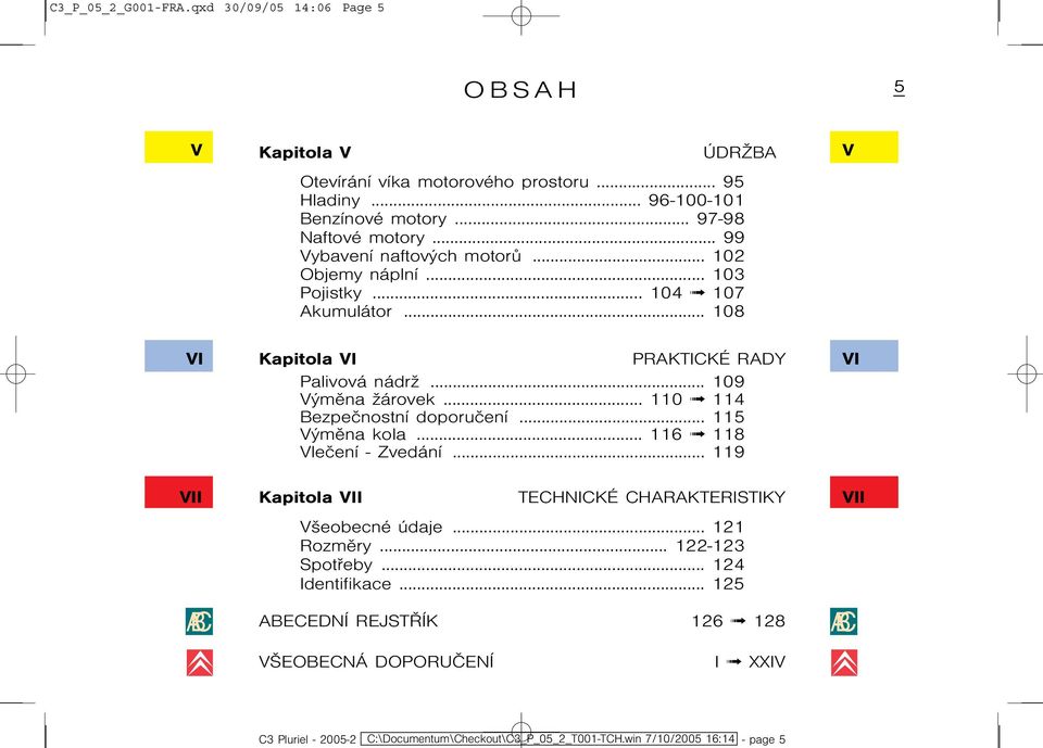 .. 110 114 Bezpeènostní doporuèení... 115 Výmìna kola... 116 118 Vleèení - Zvedání... 119 VI VII ABC Kapitola VII Technické charakteristiky Všeobecné údaje... 121 Rozmìry.