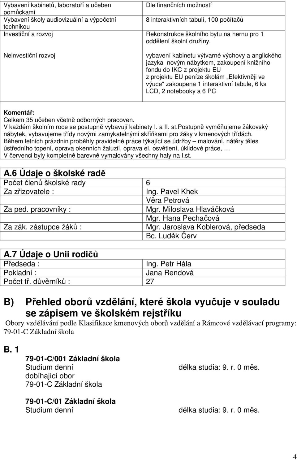 vybavení kabinetu výtvarné výchovy a anglického jazyka novým nábytkem, zakoupení knižního fondu do IKC z projektu EU z projektu EU peníze školám Efektivněji ve výuce zakoupena 1 interaktivní tabule,