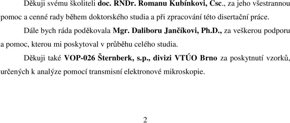 Dále bych ráda poděkovala Mgr. Daliboru Jančíkovi, Ph.D., za veškerou podporu a pomoc, kterou mi poskytoval v průběhu celého studia.