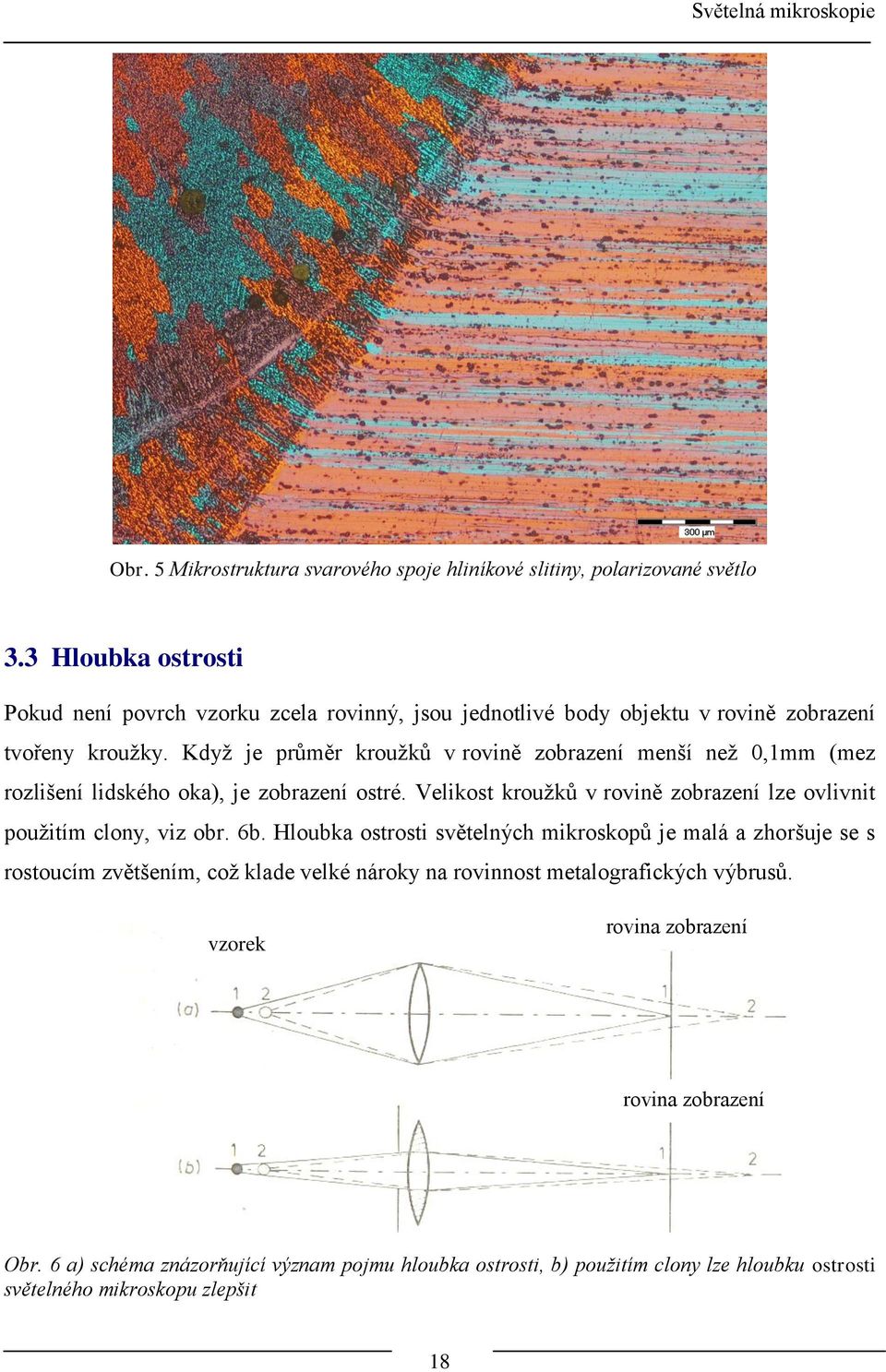 Kdyţ je průměr krouţků v rovině zobrazení menší neţ 0,1mm (mez rozlišení lidského oka), je zobrazení ostré. Velikost krouţků v rovině zobrazení lze ovlivnit pouţitím clony, viz obr.