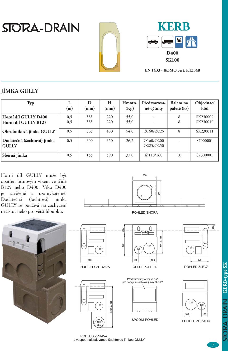 8 SK230011 Dodatečná (šachtová) jímka GULLY 0,5 300 350 26,2 Ø160/Ø200 Ø225/Ø250 - S7000001 Sběrná jímka 0,5 155 590 37,0 Ø110/160 10 S2300001 orní díl GULLY může být opatřen litinovým víkem ve třídě