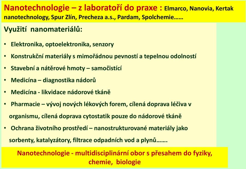 hmoty samočistící Medicína diagnostika nádorů Medicína - likvidace nádorové tkáně Pharmacie vývoj nových lékových forem, cílená doprava léčiva v organismu, cílená