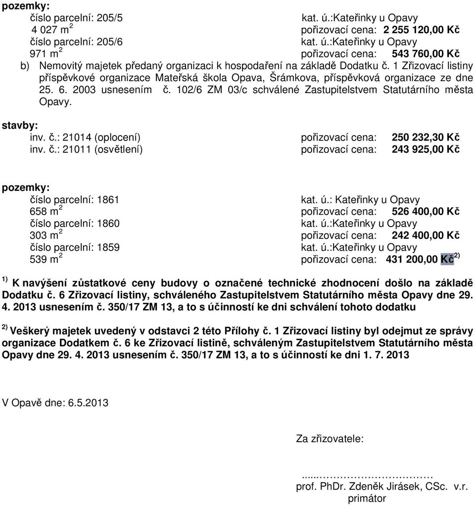 102/6 ZM 03/c schválené Zastupitelstvem Statutárního města Opavy. stavby: inv. č.: 21014 (oplocení) pořizovací cena: 250 232,30 Kč inv. č.: 21011 (osvětlení) pořizovací cena: 243 925,00 Kč pozemky: číslo parcelní: 1861 kat.