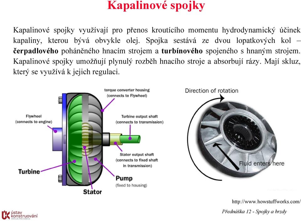 Spojk sestává ze vou loptkových kol čerplového poháněného hncím strojem turbínového spojeného s