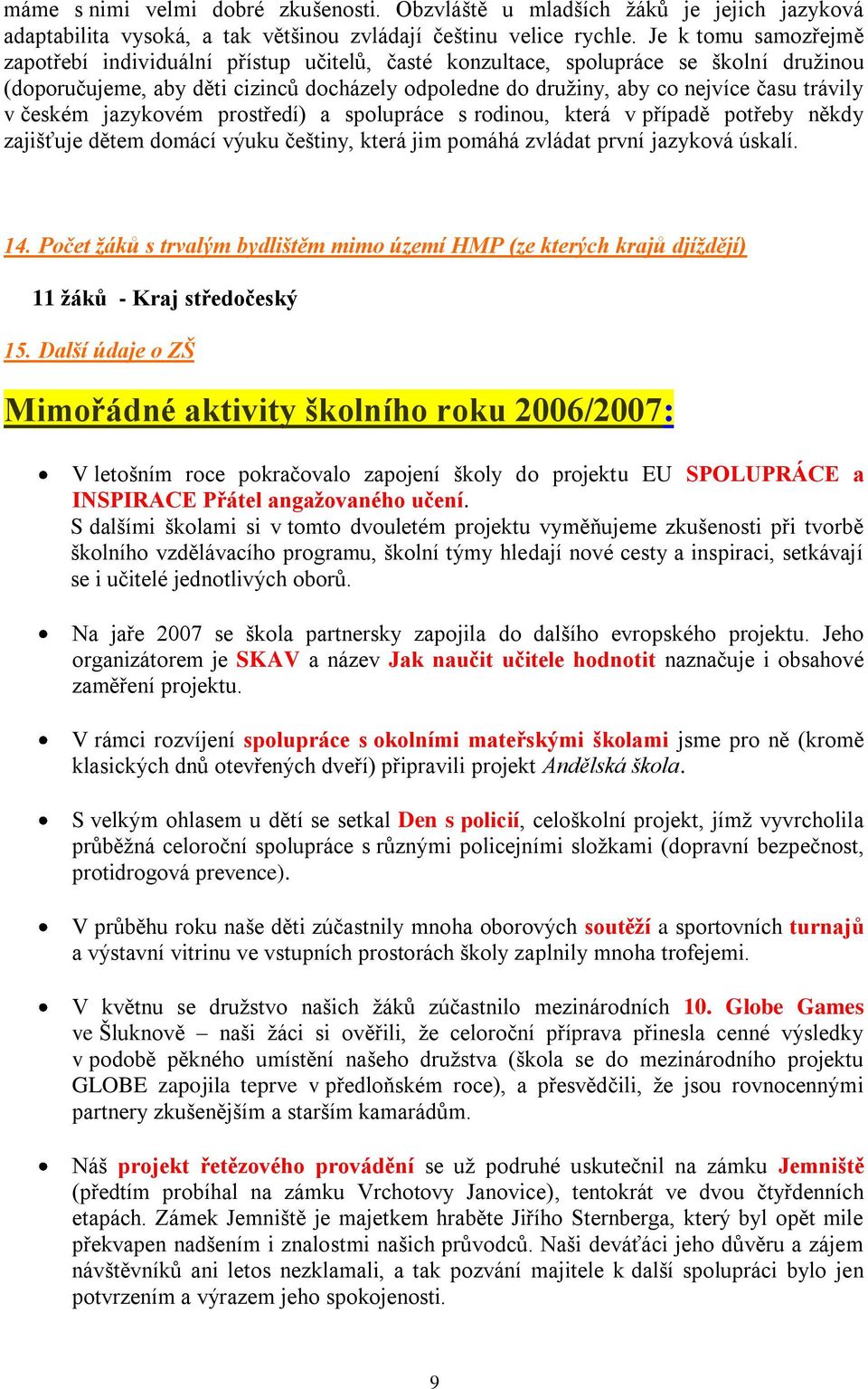 trávily v českém jazykovém prostředí) a spolupráce s rodinou, která v případě potřeby někdy zajišťuje dětem domácí výuku češtiny, která jim pomáhá zvládat první jazyková úskalí. 14.