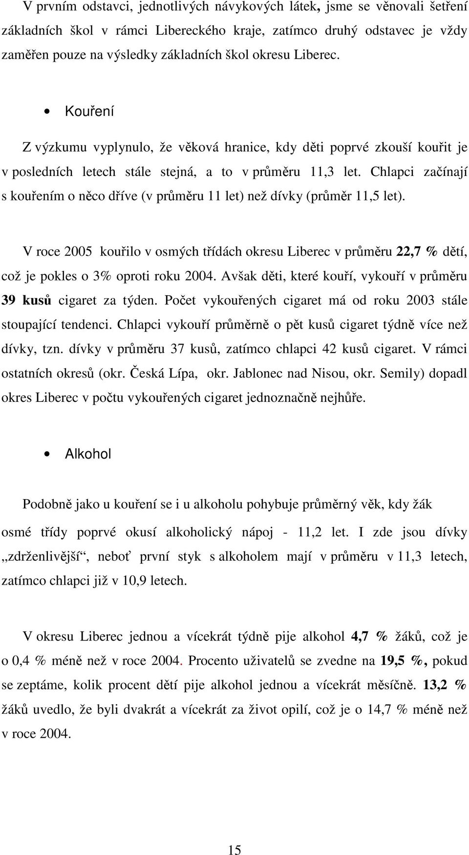 Chlapci začínají s kouřením o něco dříve (v průměru 11 let) než dívky (průměr 11,5 let). V roce 2005 kouřilo v osmých třídách okresu Liberec v průměru 22,7 % dětí, což je pokles o 3% oproti roku 2004.