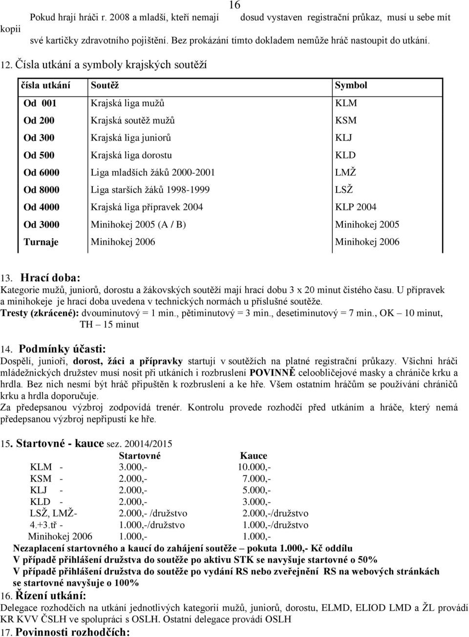 Čísla utkání a symboly krajských soutěží čísla utkání Soutěž Symbol Od 001 Krajská liga mužů KLM Od 200 Krajská soutěž mužů KSM Od 300 Krajská liga juniorů KLJ Od 500 Krajská liga dorostu KLD Od 6000