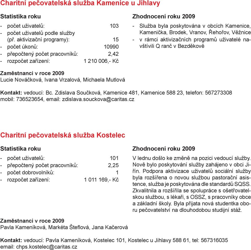 Vranov, Řehořov, Věžnice v rámci aktivizačních programů uživatelé navštívili Q ranč v Bezděkově Zaměstnanci v roce 2009 Lucie Nováčková, Ivana Vrzalová, Michaela Mutlová Kontakt: vedoucí: Bc.