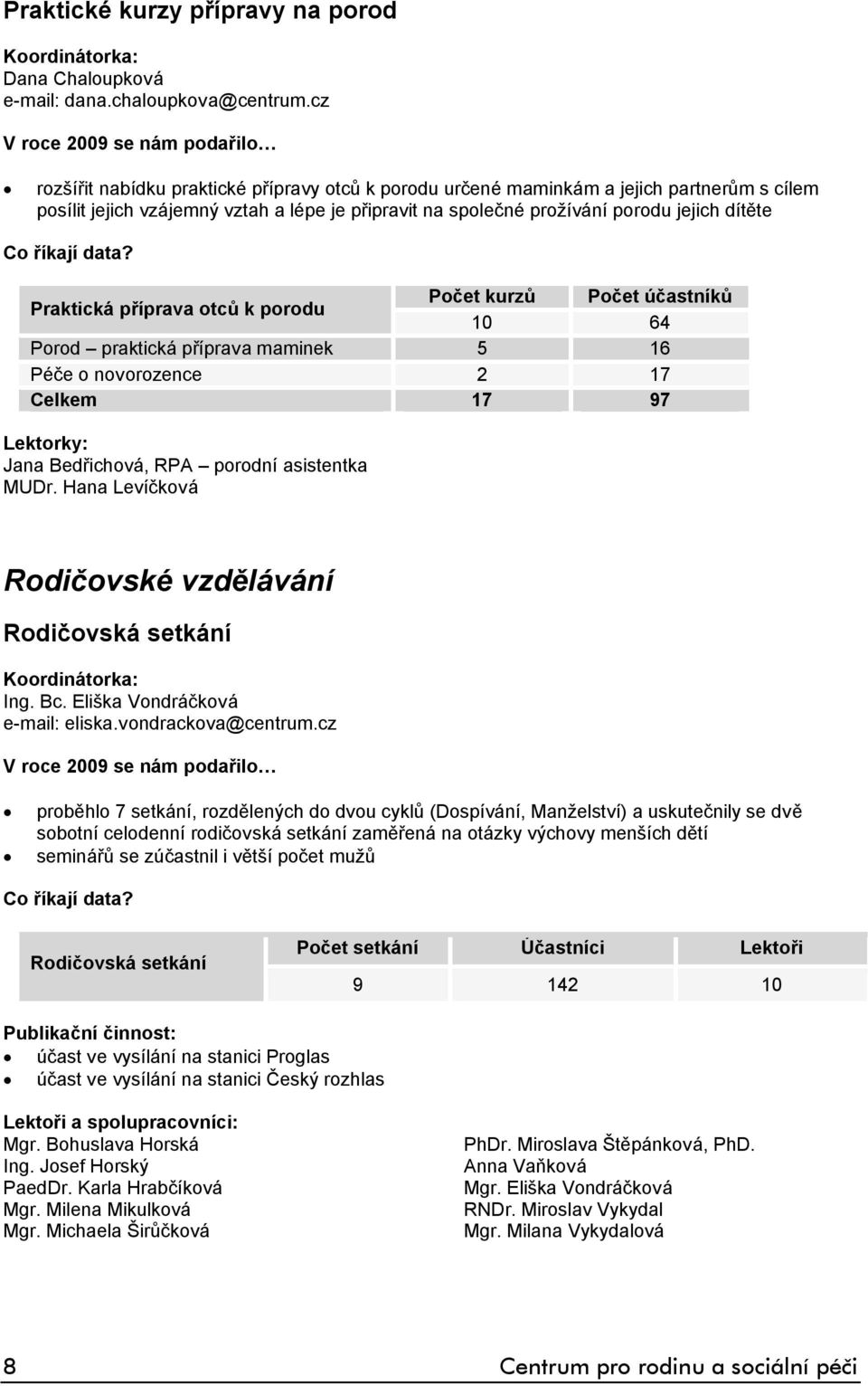 porodu jejich dítěte Počet kurzů 0 5 2 7 Praktická příprava otců k porodu Porod praktická příprava maminek Péče o novorozence Celkem Počet účastníků 64 6 7 97 Lektorky: Jana Bedřichová, RPA porodní