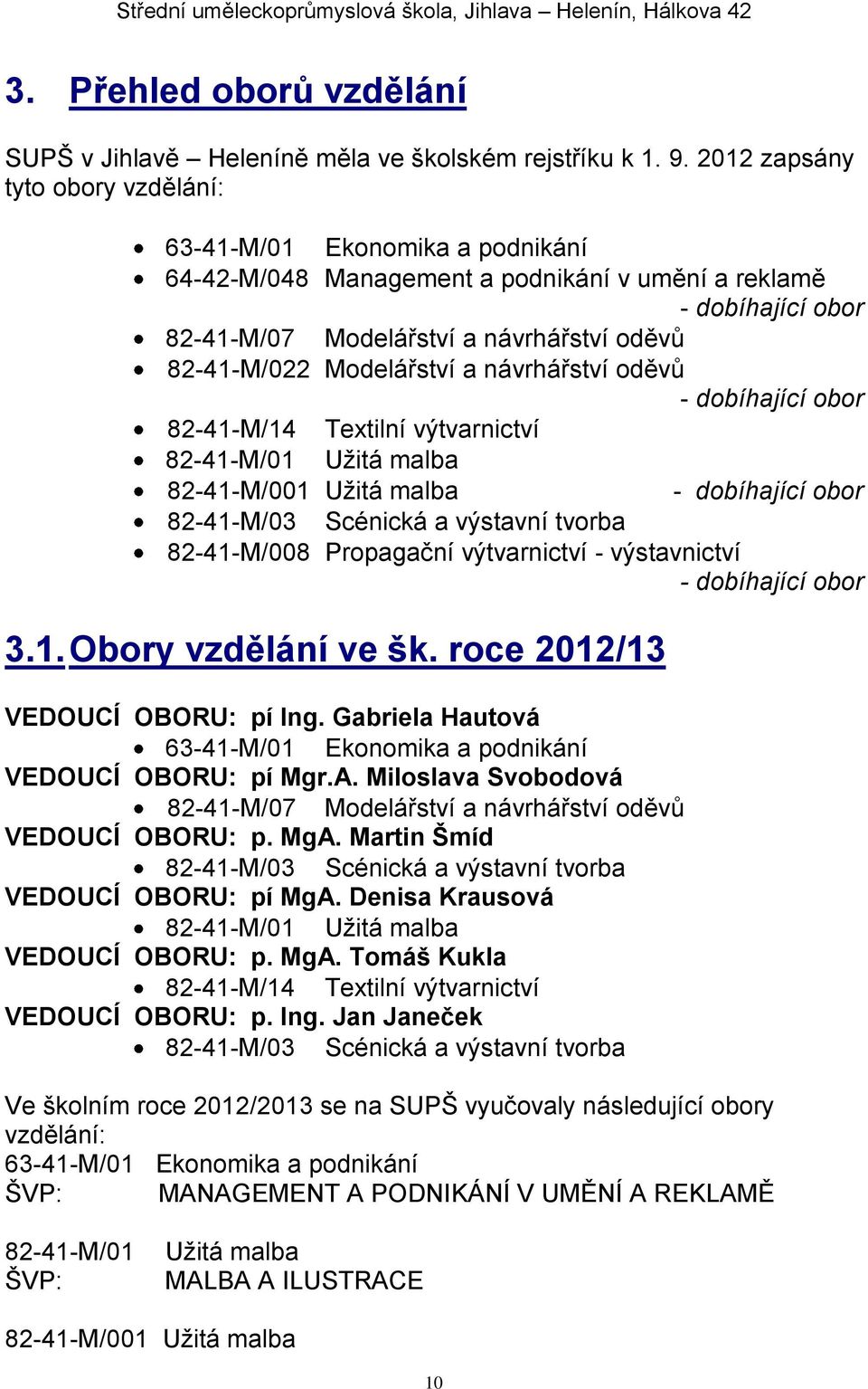 Modelářství a návrhářství oděvů - dobíhající obor 82-41-M/14 Textilní výtvarnictví 82-41-M/01 Užitá malba 82-41-M/001 Užitá malba - dobíhající obor 82-41-M/03 Scénická a výstavní tvorba 82-41-M/008