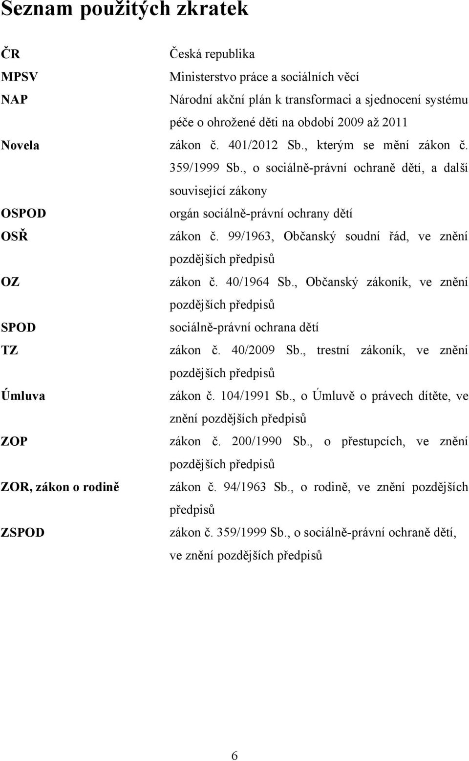 , o sociálně-právní ochraně dětí, a další související zákony orgán sociálně-právní ochrany dětí zákon č. 99/1963, Občanský soudní řád, ve znění pozdějších předpisů zákon č. 40/1964 Sb.